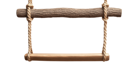 Wooden swing, natural rope, isolated on white background. PNG