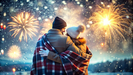 Naklejka premium A couple watching fireworks on New Year’s Eve, standing close together with a blanket wrapped around them, snow lightly falling around.