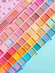 The background includes eyeshadow palettes on pastel background