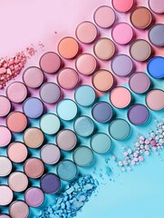 The background includes eyeshadow palettes on pastel background