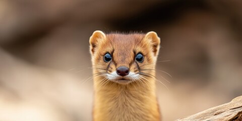 A frontal close-up of a weasels face, with piercing eyes that reflect the surrounding environment, and a soft focus on its fur