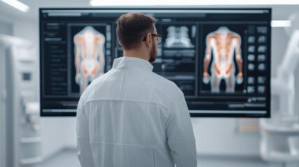 Medical Professional Analyzing Human Body Scan on Monitor