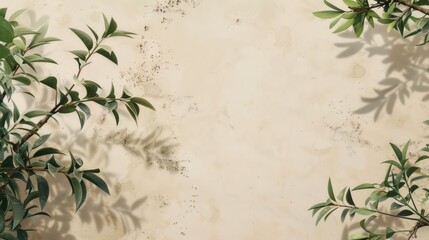 The background is plain and beige, with some green leaves and branches partially visible around the edges of the frame