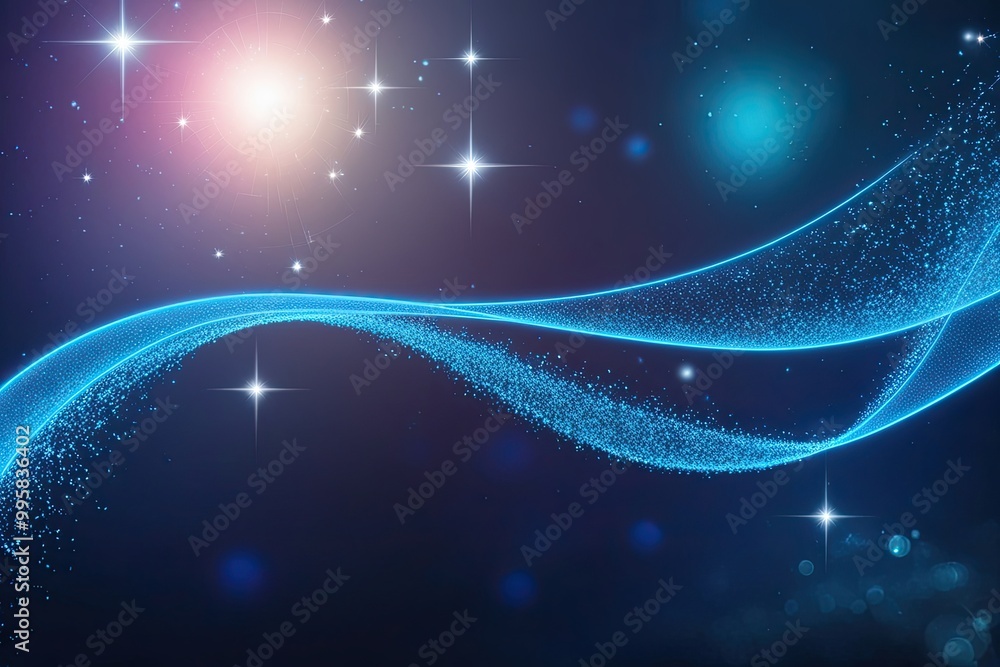 Poster neon blue particles wave in a luminous abstract background with twinkling stars and shimmering illum