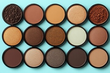 Fototapeta premium Circular neutral toned eyeshadow pans arranged on a blue background ideal for natural and warm beauty looks with a matte and shimmer finish