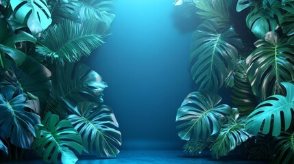 Exotic monstera leaves surround the edges, vibrant blue water with light reflecting off the surface, minimal banner space in the center, Futuristic neon lighting, 3D Render