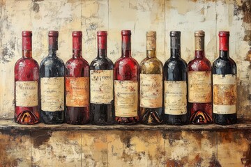 artistic representation of aged vintage wine bottles red and white elegantly displayed conveying a sense of nostalgia and the rich history of winemaking