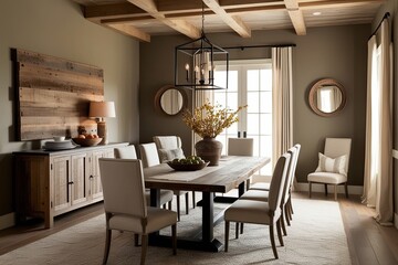 Fototapeta premium Luxe Farmhouse Dining Room with Reclaimed Wood Elements and Earthy Tones