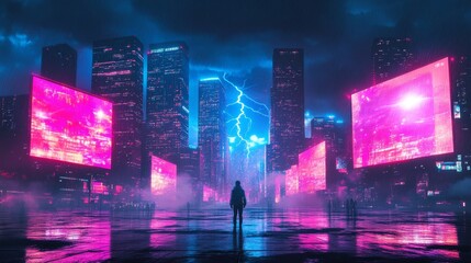 Obraz premium Futuristic cityscape with tall skyscrapers and neon lights, lightning strikes across holographic billboards, synthwave color palette, glowing neon lights