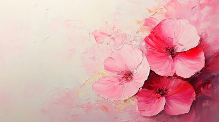 Gentle pink petals blooming in spring, abstract floral arrangement, oil on canvas, pastel color palette, subtle texture, minimalist composition, soft sunlight
