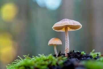 Fototapeta premium Small mushroom at forest floor during autumn , isolated on white background, , copy space for text,