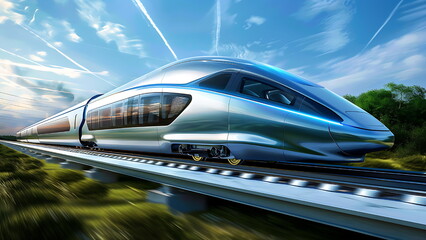 Fototapeta premium high-speed train moving quickly through a dark tunnel.