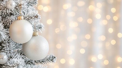 Fototapeta premium A delicate white Christmas ornament dangles from a frosted branch, illuminated by warm bokeh lights, creating a magical ambiance for holiday festivities in winter.