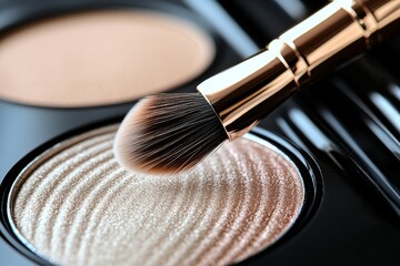 Close up of a shimmering highlighter powder in a circular compact paired with a soft makeup brush under soft lighting ideal for creating a radiant and natural glow