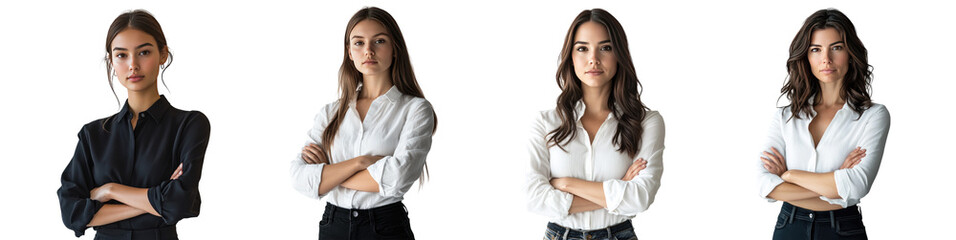 Set of confident women standing with arms crossed isolated on white background