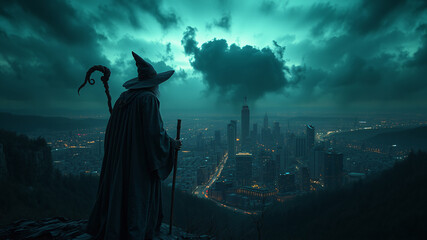 An old witch in a gray cloak holding a staff stands with her back to a cliff looking at a big city at night. The sky is full of mysterious green-black clouds,