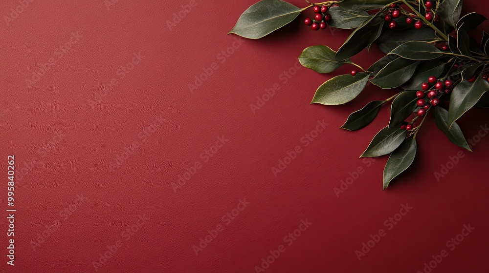 Sticker A vibrant red background is adorned with lush greenery and red ornaments, creating a festive atmosphere ideal for holiday celebrations and Christmas decor