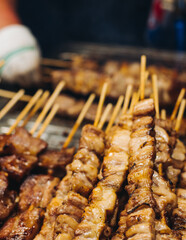 Korean barbecue, Ddakkochi, grilled chicken and pork skewers, variety of different traditional street food selection in Seoul, South Korea, night market with local vendor stalls cooking tasty dishes