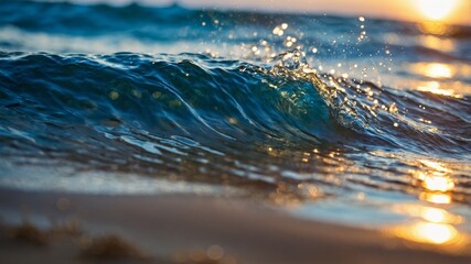 A tranquil wave breaks on the shore as the sun sets, casting warm reflections on the water