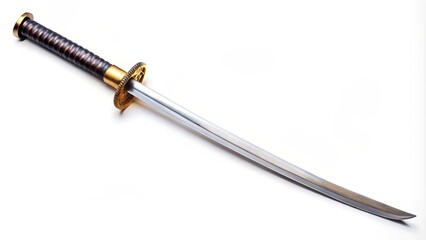 Traditional japanese katana is lying on a white surface with its golden handguard facing up