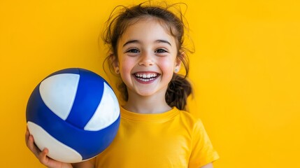 Smiling young girl in yellow holding a volleyball, set against a vibrant yellow background, expressing joy and energy.