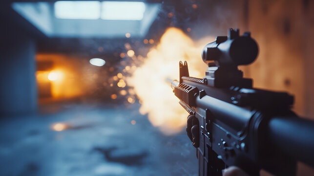 An extreme side view closeup of an m16 rifle shooting in an empty modern garage hal, muzzle flash, gun blast