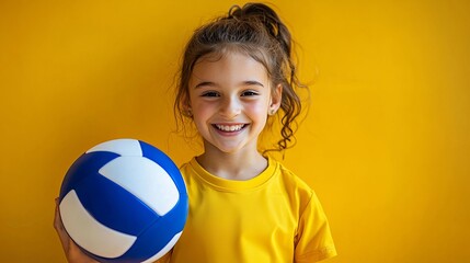 Smiling young girl in yellow holding a volleyball, set against a vibrant yellow background, expressing joy and energy.