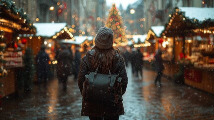 Obraz premium A woman wearing a black coat and a black backpack is walking down a street in the snow. The street is lined with Christmas lights and a Christmas tree. The scene is festive and cozy