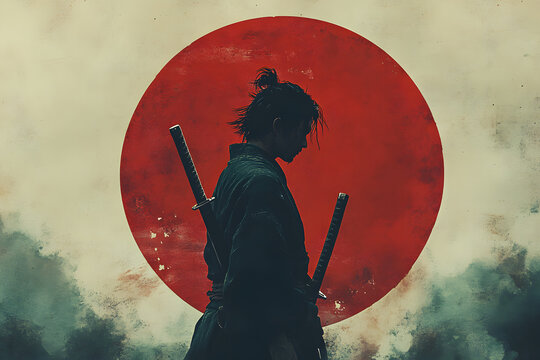 An ianime style llustration of a guy holding a sword and standing in position with red circle backdrop