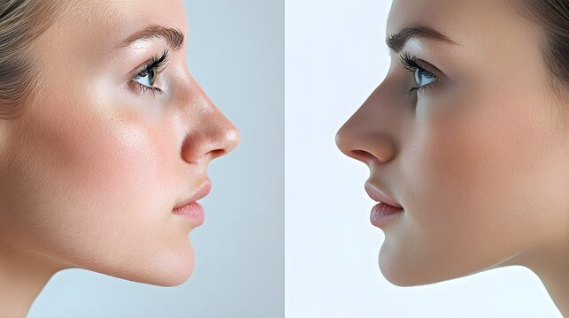 Rhinoplasty before-and-after  wide, flared nostrils and a low nasal tip before, compared to a sculpted, narrow nose after surgery