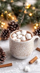 A steaming cup of rich hot chocolate filled with fluffy marshmallows sits on a table adorned with charming Christmas decorations and glowing bokeh lights that enhance the festive ambiance