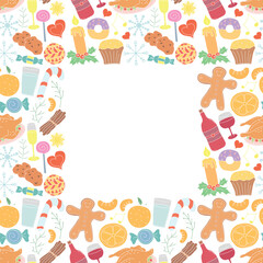 Seamless christmas frame. New year background. Doodle illustration with christmas and new year icons