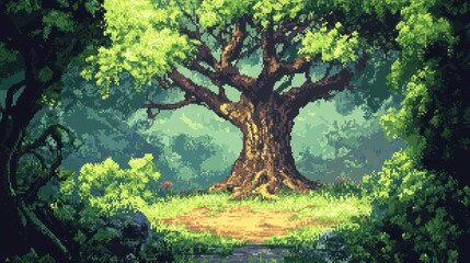 Fototapeta premium Pixelated Forest with a Large Tree in the Center