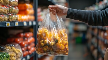 A person is holding a bag of vegetables in a grocery store. The bag is made of plastic and is filled with peppers. The scene is set in a store aisle with many other items on display