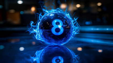A billiard ball, specifically the 8-ball, surrounded by a vivid blue aura. The ball is positioned centrally, with the number '8' prominently displayed on its surface.