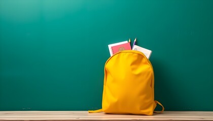  A bright yellow school bag propped up against an empty green chalkboard, with books and school accessories like pencils, a ruler, and an eraser spilling out of the open bag, generative ai