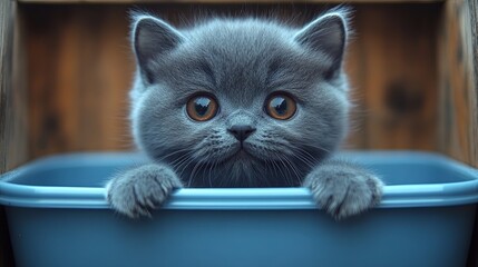 Fototapeta premium A curious gray kitten peeks over the edge of a blue plastic container, its eyes wide with wonder and anticipation.