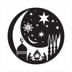 Ramadan Kareem Logo: Crescent and Lanterns with Black Mosque Silhouette