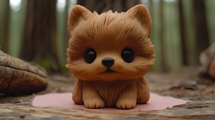 Fototapeta premium A hand-crafted figurine of a cute puppy with big eyes, sitting on a wooden surface with blurred forest background in the background.