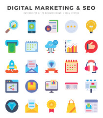 DIGITAL MARKETING & SEO Flat icons collection. Flat icons pack. Vector illustration