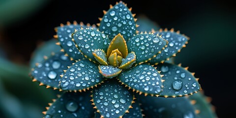 A close-up of a spiky succulent leaf covered in dewdrops, showcasing the intricate details of nature's delicate artistry.