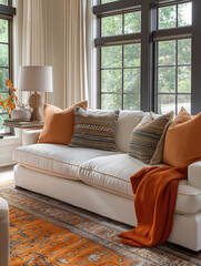Fototapeta premium Interior View of Cozy Living Room with Orange Decor and Large Windows