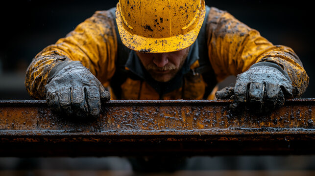 Construction worker in yellow hardhat and gloves, industrial labor concept