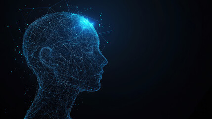 Polygonal futuristic mesh with human head model. Artificial intelligence, connection technology. Generative AI