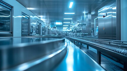 Industrial food processing facility with a focus on a stainless steel tank and conveyor system, illuminated by cold white light, Minimalist, Realistic, High Contrast