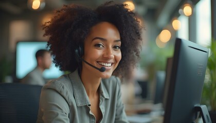 Smiling Customer Support Woman Wearing Headset in Modern Office, Professional Female Call Center Representative, Friendly Customer Service Agent, Businesswoman Using Headphones at Desk.