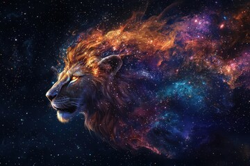Naklejka premium Powerful cosmic illustration of a lion with a swirling mane made of galaxies, stars, and nebulae, blending the grandeur of space with the strength of the lion.