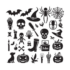 Halloween elements silhouette vector. Halloween elements silhouette set. Creepy and spooky fauna creatures group, monochrome icons, signs