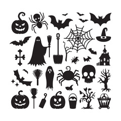 Halloween elements silhouette vector. Halloween elements silhouette set. Creepy and spooky fauna creatures group, monochrome icons, signs