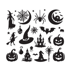Halloween elements silhouette vector. Halloween elements silhouette set. Creepy and spooky fauna creatures group, monochrome icons, signs